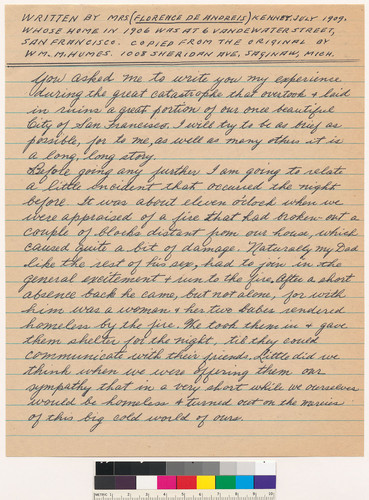 [Account of the April 1906 Earthquake and Fire by Florence Kinney]