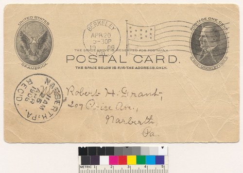 [Postcard sent to Robert H. Grant, dated April 20, 1906]