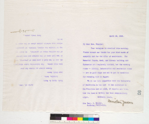 David Starr Jordan Papers, 1851-1931 : Outgoing Correspondence related to the 1906 San Francisco Earthquake and Fire