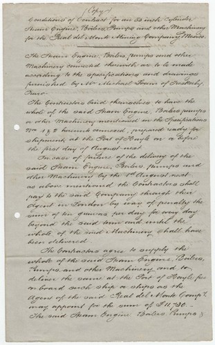 Conditions of contract for an 85 inch cylinder steam engine, boilers, pumps, and other machinery for the Real del Monte Mining Company, Mexico