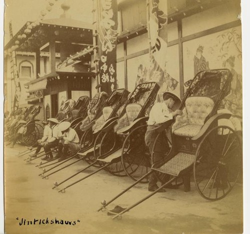 Jinrickshaws, Fair Japan exhibit (Japanese Village), side view