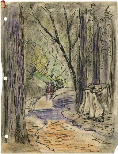 Untitled [people on woodland path; conte crayon]