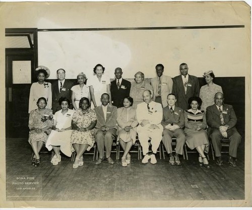 Eighteen attendees pose for a group portrait during the 40th NAACP Convention, Los Angeles, July 1949