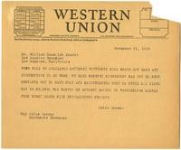 Telegram from Julia Morgan to William Randolph Hearst, November 21, 1929