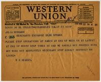 Telegram from William Randolph Hearst to Julia Morgan, March 23, 1933