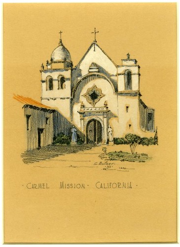 Carmel Mission, Carmel, Calif., colored pencil sketch, undated