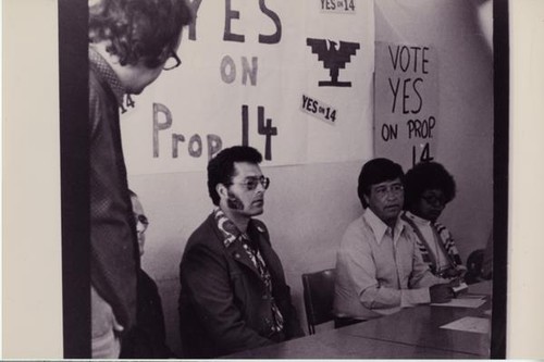 Cesar Chavez and supporters at a pro-Proposition 14 community meeting in Santa Maria