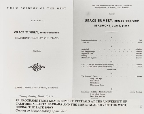Programs from Grace Bumbry recitals at the University of California, Santa Barbara and the Music Academy of the West, during the late 1950s