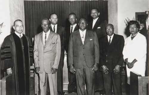 Bethel A.M.E. Church Board of Stewards, Oxnard : 1967 ; front row l. to r.: Reverend C. N. Austin, L. W. Robinson, Anthony Webb, Dee Pinkard, Ruth David; Back row L. to R.: Albert Duff, Bobby Adams, James Kelley