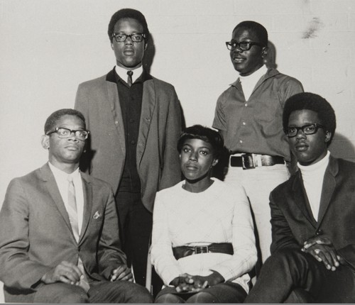 Twentieth Century Onyx Club Scholarship Recipients : 1968 ; l. to r.: Hesterly Hankins, Gary Windom, Sylvia Webster, Sammie Wilson, and Jerry Windom