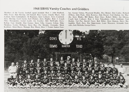 Sam Cunningham, the team and the coaches : 1968 ; Sam Cunningham (back row) became a famous professional player. Members of the Varsity football squad included: row 1 : John Radford, Mike Fryer, Dan Herring, Jeff Kinsell, Russ Carter, Charlie Myers, Ted Lannan, Sam Cunningham, Al Reginato, Sam Cathcart, Terry Crawford, Jerry Herring, Cyril Gavin, Earl Pointer, Jerry Hughes. Row 2 : Coach Mike Moropoulos, Lionel Lamb, Joe Escobar, Bob McWright, Kerry Kellog, Ugo Arnoldi, Dan Gomez, Steve Villa, Gregory Felton, Mike Mendoza, Carlos Williams, Steve Ray, Pat Murphy, Fernando, Mark Kashmar, Alton Hayes, Manager Roy Moore. Row 3 : trainer Stantos Escobar, George Tabata, Waymond Bradley, Roy Bennet, Don Canley, Richard O'Hara, John Peale, Allen Ramirez, Dale Russel, Fred Dunlap, Joe Murillo, Steve Blades, Bill Bailey, Rick Glass, Robert Miller, Joe Olivera, Coach Sam Cathcart. Row 4 : Kim Nakashimo, Chris Goldman, Tom Roehm, Ted Poe, Darrell Tweet, Bob Miller, Dave Duncan, Harry Malaughlin, Mark Zietz, Rui Oppermann, Louie Mascaroi, Armando Gonzales, Jock McKaba, George Flores