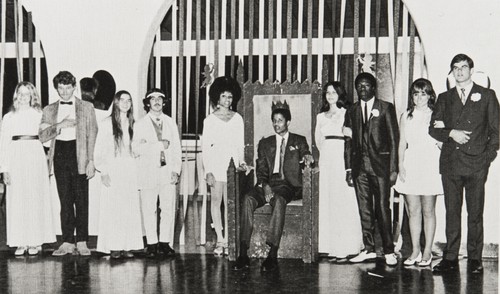 Keith Wilkes, King of Hearts : l. to r.: Maren Thompson, Tim Bottoms, Janice Murphy, Jeremy Kramer, Carlita Eubanks, Keith Wilkes, Jeanne Mitchell, Earl Pointer, Debbie Ford and Russ Carter. Keith (later Jamaal) Wilkes was crowned "king" and reigned over the prom. His hobbies were reading, music, and writing, and he planned to major in history or economics in college. His father Reverend L. Leander Wilkes came from Ventura to be pastor of the Second Baptist Church, bringing the family in 1969