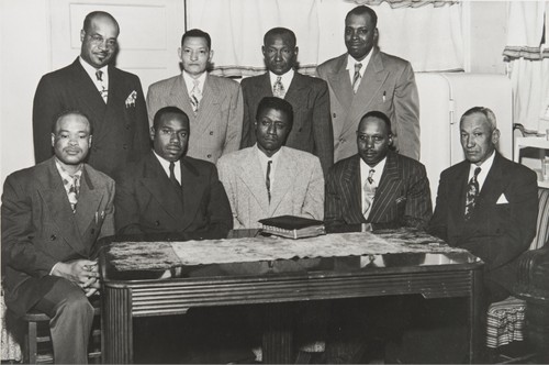 The early days in the Men's Department in the Olivet Baptist Church, Ventura : front l. to r.: I. Taylor, W. S. Moore, G. Watson, Willie Still, Fred Walker; Back L. to R.: W. T. Taylor, Deacon Wilson, Deacon Arnold and O. Edwards