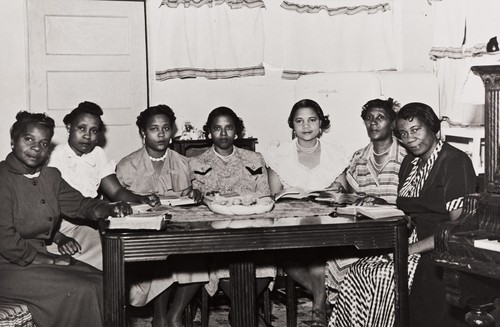 Early workers at Olivet Baptist Church, Ventura ; L to R: Annie Walker, Bevvie May Bryant, Marguerite Milton, Letha Moore, Iranna Smith, Annie Smith and her sister Cerisa Westly, the last two being among the founders of the church