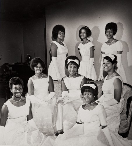 1964 debutantes : Twentieth Century Onyx Club, Oxnard ; first row L to R: Vickey Banks, Betty Marie Decquir ; second row L to R: Gwendolyn Jean Tatum, Claudette Marie Lyghts, Donna Jo Cottry ; third row L to R: Mildred Virginia White, Deidre Gail Wilkes, and Martha Velverlee Cameron ; also introduced was Patricia Ann Hudson