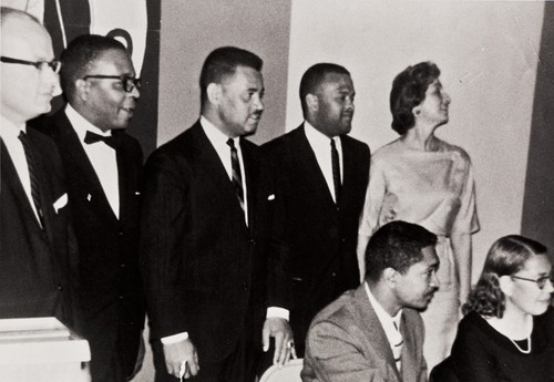 Installation of officers, NAACP Oxnard-Ventura Branch : 1963 ; back row L to R: John Flynn, Fred Jones, Pres., Bert Hammond, Albert Duff, Treas., Jan Kelsey ; seated L to R: Assemblyman Mervyn Dymally, May Davis, Secretary