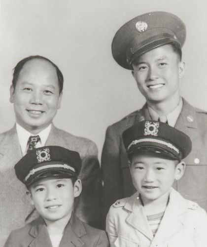 Members of the Jue Family. Top L-R: Walton Jue (1909-1994) immigrated from Canton, China : 1922. Opened National Market in 1927 where Ventura County Museum of History and Art is now located. Opened Jue's Market, Santa Cruz and Main Streets, Ventura : 1946. Tony Jue in uniform (has store in Los Angeles). Bottom L-R: Allen Jue, Edward Jue (both work in Main Street market. Allen is also Chairman of the Board of Directors, American Commercial Bank, Ventura) : about 1944