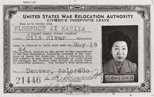 United States War Relocation Authority I.D. Card of Florence Ai (Iwami) Kamiya ; Gila Relocation Center Camp 2 : May 18, 1944