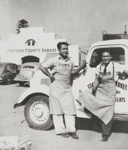 Roy Esaki with fellow worker on after school job at State Super Market, Main and Palm Streets, Ventura : 1938