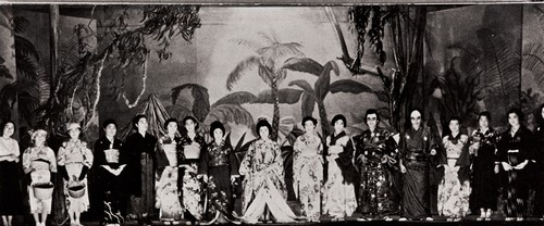 Japanese Fashion Show : Jamboree, Lompoc High School, La Purisima : 1936 ; ten percent of the 1936 class graduating from Lompoc High School was Japanese ; the influence of the Orient prevailed when the students chose to include a Japanese Fashion Show in their Jamboree ; yearbook photo, 1936