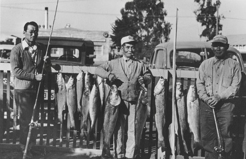 Stripe bass fishing in front of Harold Shimizu home, Guadalupe : 1935. Harold Himizu, Charlie Maenaga and Yataka Makanolf