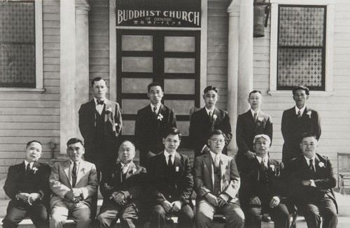 Oxnard Buddhist Church Board of Directors : 1934. Back L-R: Masakatsu Iwamoto, S. Sugano, Jujiro Otsuki, Magoichi Kanda, Kiyoshi Hashimoto. Front: Yokichi Yamashita, Jinsuke Kanamori, Sasaichi Watarida, Rev. Taiken Masunaga, Magoichi Takeda, Tokutaro Moriwaki, Kanzo Mine