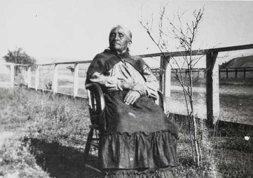 Josefa Camargo (née Valenzuela), full-blooded Indian woman, daughter of Francisco and Ana María from Mission San Miguel, Baja California. Josefa Camargo was a lifelong resident of Santa Barbara and Santa Ynez. Photo by Mamie Goulet : ca. 1907