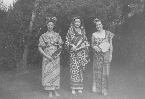 Minerva Club members modeling international fashions, February 1946