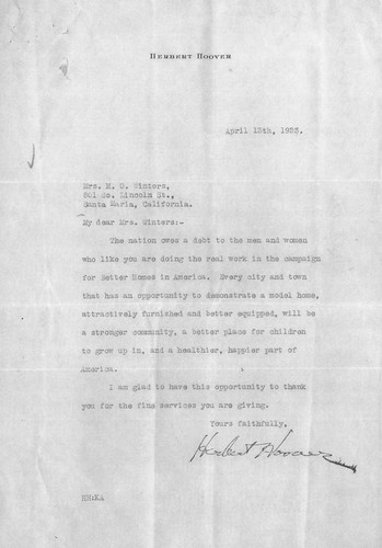 Letter from Herbert Hoover to Mary Winters, April 13, 1923