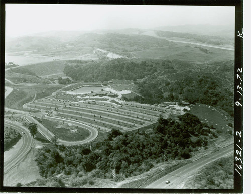 Aerial view of the Puddingstone Swim Park at Frank G. Bonelli Regional Park