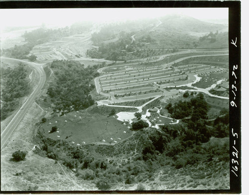 Aerial view of the Puddingstone Swim Park at Frank G. Bonelli Regional Park