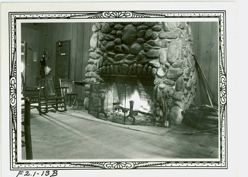 View of the fireplace in the community building at Val Verde Park