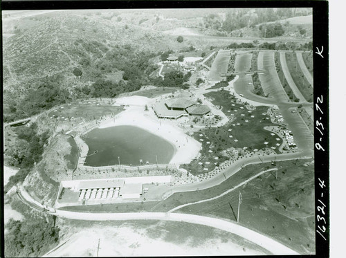 Aerial view of the Puddingstone Swim Park at Frank G. Bonelli Regional Park