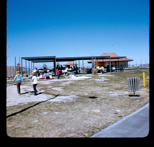 View of visitors at the Apollo Park picnic shelters