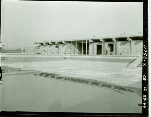 View of construction of the pool and pool house at La Mirada Park