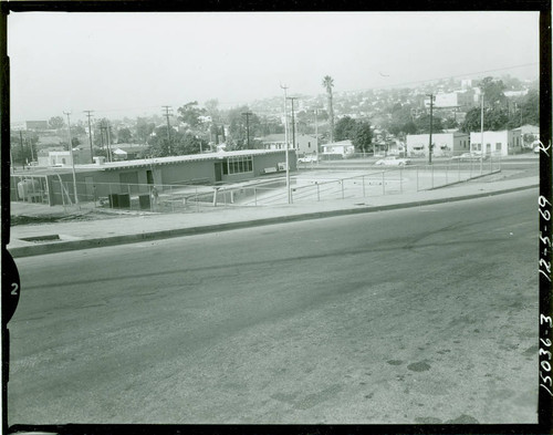 View of the swimming pool and bathhouse at Obregon Park