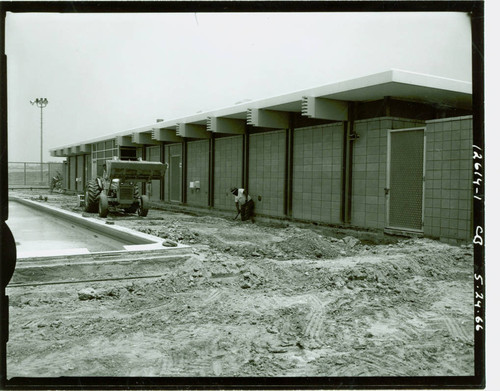 View of construction of the pool and pool house at La Mirada Park