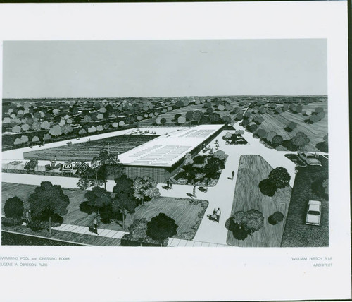 Architectural illustration of the pool and bathhouse at Obregon Park