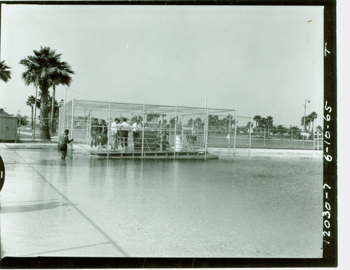 View of pool cleaning boat parked at Alondra Park