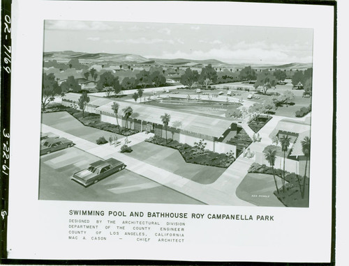 Architectural illustration of the Roy Campanella Park swimming pool and bathhouse