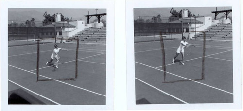 Two views of a woman playing tennis at Arcadia Community Regional Park