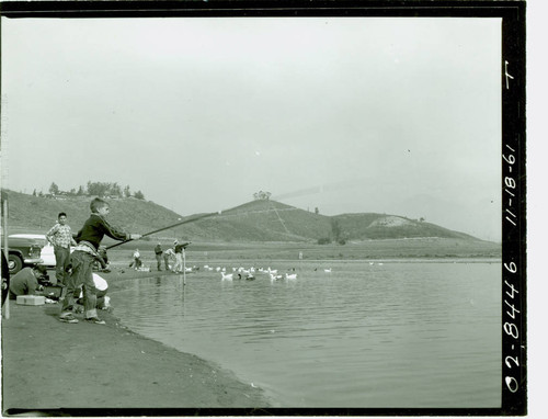 View of fishing at Puddingstone Lake at Frank G. Bonelli Regional Park