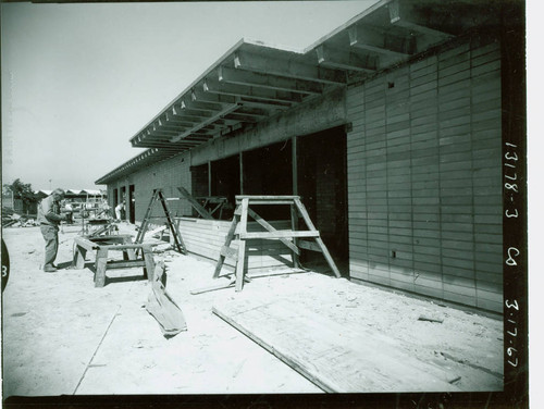 View of construction of the pool house at George Washington Carver Park