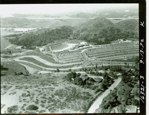 Aerial view of the Puddingstone Swim Park at Frank G. Bonelli Regional Park