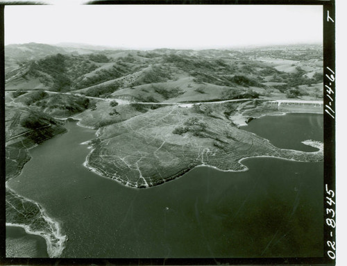Aerial view of Puddingstone Lake and Frank G. Bonelli Regional Park