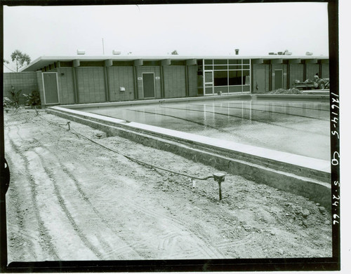 View of construction of the pool and pool house at La Mirada Park