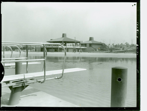 View of community buildings by Puddingstone Swim Park at Frank G. Bonelli Regional Park