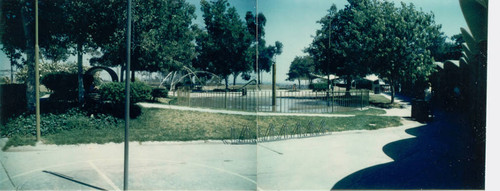 View of the playground, picnic shleter, and covered walkway at City Terrace Park