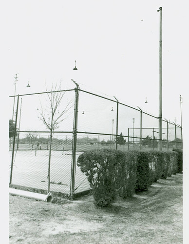 View of installation of tennis court lighting at Roosevelt Park