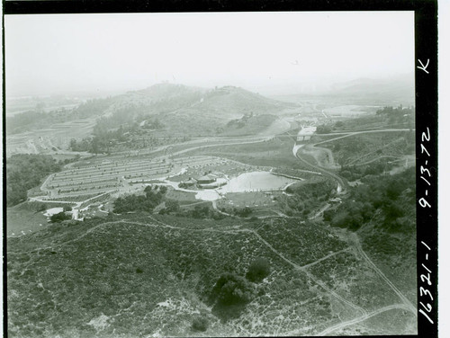 Aerial view of the Puddingstone Swim Park at Frank G. Bonelli Regional Park